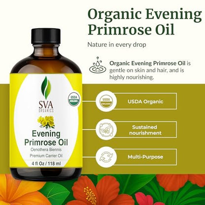 SVA Bio-Nachtkerzenöl kaltgepresst, 118 ml – 100 % natürliches, organisches Trägeröl für Gesicht, Haut, Haare und Kopfhaut – mit Pipette