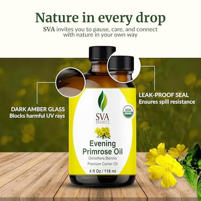 SVA Bio-Nachtkerzenöl kaltgepresst, 118 ml – 100 % natürliches, organisches Trägeröl für Gesicht, Haut, Haare und Kopfhaut – mit Pipette