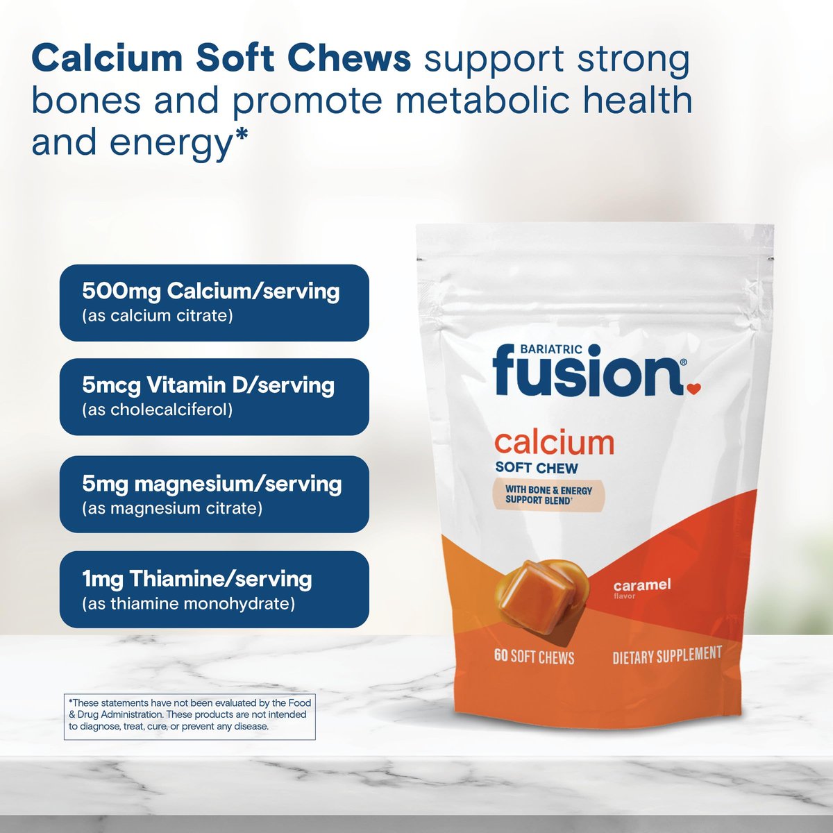Bariatric Fusion Calcium Supplement Kautabletten – Calciumcitrat mit Vitamin D3, zuckerfrei, 500 mg, Karamell, 60 Stück