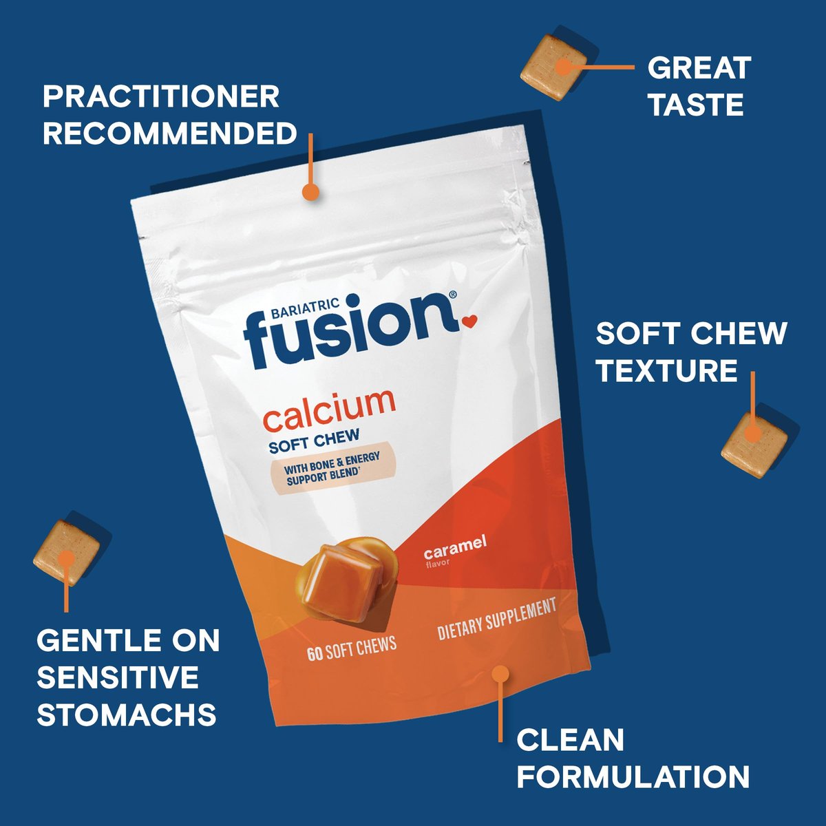 Bariatric Fusion Calcium Supplement Kautabletten – Calciumcitrat mit Vitamin D3, zuckerfrei, 500 mg, Karamell, 60 Stück