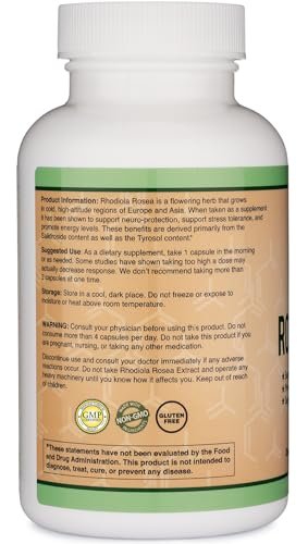 Rhodiola Rosea 500mg, 120 vegane Kapseln – 3% Salidroside, 1% Rosavine, laborgeprüft, glutenfrei von Double Wood
