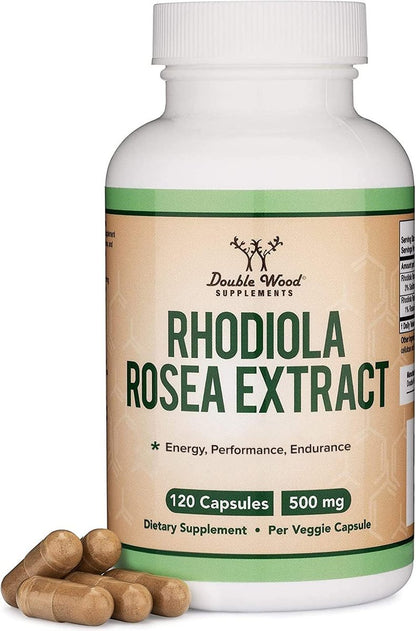 Rhodiola Rosea 500mg, 120 vegane Kapseln – 3% Salidroside, 1% Rosavine, laborgeprüft, glutenfrei von Double Wood