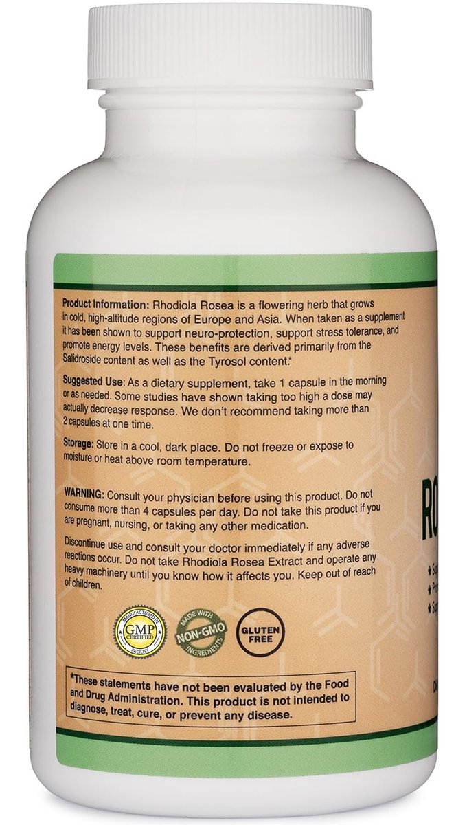 Rhodiola Rosea 500mg, 120 vegane Kapseln – 3% Salidroside, 1% Rosavine, laborgeprüft, glutenfrei von Double Wood