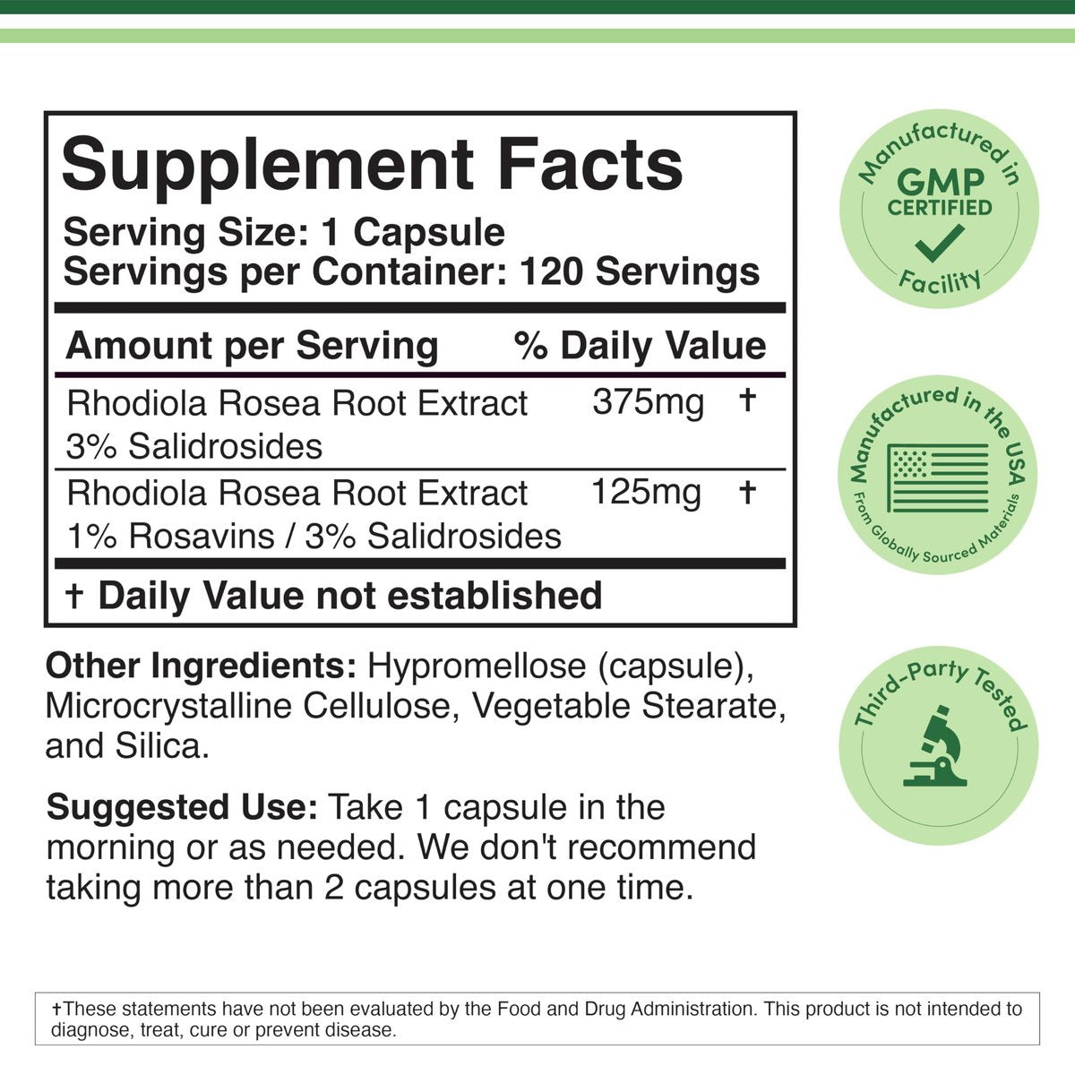 Rhodiola Rosea 500mg, 120 vegane Kapseln – 3% Salidroside, 1% Rosavine, laborgeprüft, glutenfrei von Double Wood