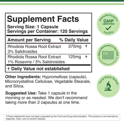 Rhodiola Rosea 500mg, 120 vegane Kapseln – 3% Salidroside, 1% Rosavine, laborgeprüft, glutenfrei von Double Wood