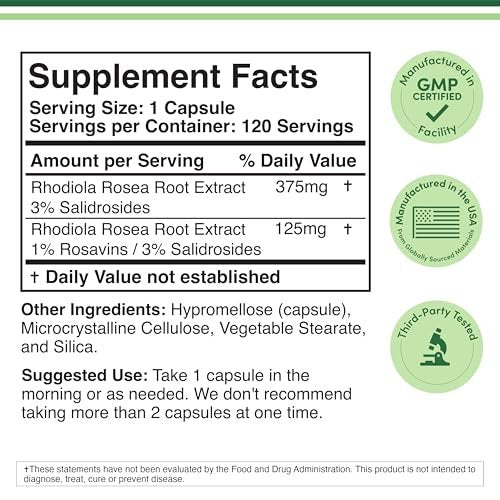 Rhodiola Rosea 500mg, 120 vegane Kapseln – 3% Salidroside, 1% Rosavine, laborgeprüft, glutenfrei von Double Wood