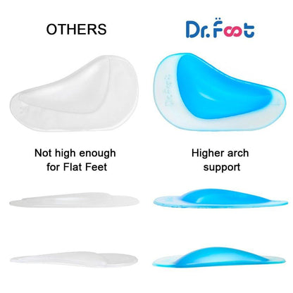 Dr. Foot's Fußgewölbe-Stützeinlagen für Plattfüße, Gel-Fußgewölbestützen gegen Plantarfasziitis, selbstklebende Fußgewölbepads zur Druckentlastung und Schmerzlinderung – 3 Paar (Beige, Blau, Transparent)