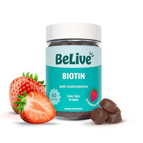 BeLive Biotin Gummis mit Multivitaminen, Folsäure, Inosit – Unterstützt Haarwachstum, gesunde Haut & Nägel – Vegan, auf Pektinbasis – Erdbeergeschmack (60 Stück)