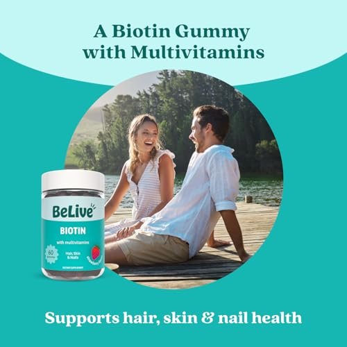 BeLive Biotin Gummis mit Multivitaminen, Folsäure, Inosit – Unterstützt Haarwachstum, gesunde Haut & Nägel – Vegan, auf Pektinbasis – Erdbeergeschmack (60 Stück)
