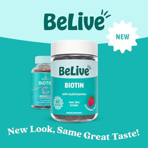 BeLive Biotin Gummis mit Multivitaminen, Folsäure, Inosit – Unterstützt Haarwachstum, gesunde Haut & Nägel – Vegan, auf Pektinbasis – Erdbeergeschmack (60 Stück)