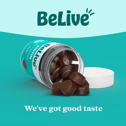 BeLive Biotin Gummis mit Multivitaminen, Folsäure, Inosit – Unterstützt Haarwachstum, gesunde Haut & Nägel – Vegan, auf Pektinbasis – Erdbeergeschmack (60 Stück)