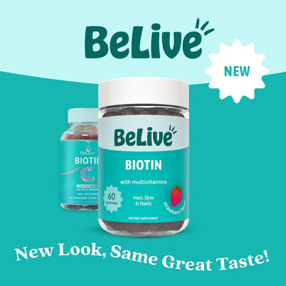 BeLive Biotin Gummis mit Multivitaminen, Folsäure, Inosit – Unterstützt Haarwachstum, gesunde Haut & Nägel – Vegan, auf Pektinbasis – Erdbeergeschmack (60 Stück)