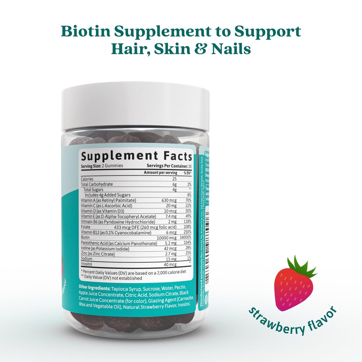 BeLive Biotin Gummis mit Multivitaminen, Folsäure, Inosit – Unterstützt Haarwachstum, gesunde Haut & Nägel – Vegan, auf Pektinbasis – Erdbeergeschmack (60 Stück)