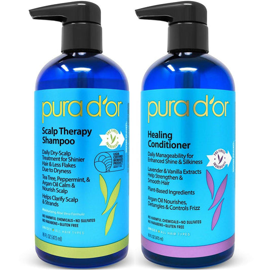 PURA D'OR Scalp Therapy Shampoo & Conditioner Set (16oz x 2) – Trockene, juckende Kopfhaut – Pflegt und nährt das Haar mit Teebaumöl, Pfefferminze, Arganöl und Biotin – Für alle Haartypen, Männer und Frauen (Verpackung variiert)