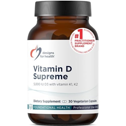Designs for Health Vitamin D Supreme – Vitamin D 5000 IE mit 2000 µg Vitamin K als MK4 für Knochengesundheit, Herzgesundheit, Stimmung & Immununterstützung – Vitamin D3 angereichert mit GG Supplement (30 Kapseln)