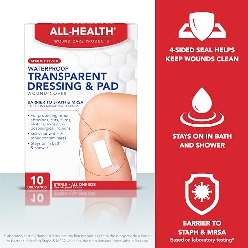 All Health Wasserfeste Transparente Wundauflage & Polster, Verbände, 6 x 10 cm | Wundabdeckung gegen Staphylokokken und MRSA, 10 Stück