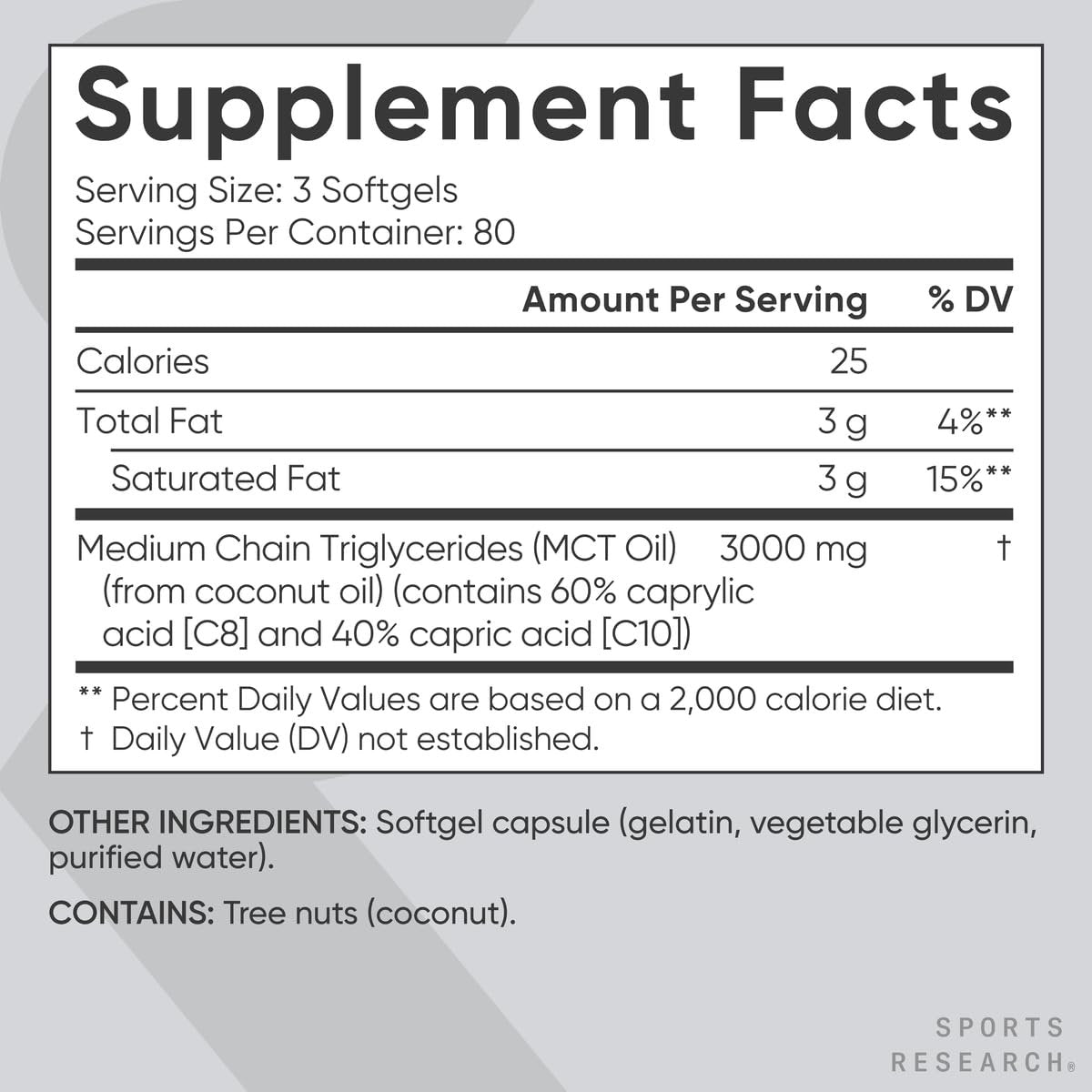 Sports Research® Coconut MCT Öl 3000mg – Keto Gehirn & Körper Energie – C8 + C10 MCT Öl aus Kokosnuss – Keto – Nicht-GVO – Glutenfrei – 240 Weichkapseln