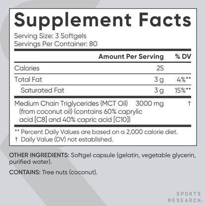 Sports Research® Coconut MCT Öl 3000mg – Keto Gehirn & Körper Energie – C8 + C10 MCT Öl aus Kokosnuss – Keto – Nicht-GVO – Glutenfrei – 240 Weichkapseln