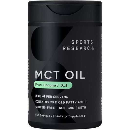 Sports Research® Coconut MCT Öl 3000mg – Keto Gehirn & Körper Energie – C8 + C10 MCT Öl aus Kokosnuss – Keto – Nicht-GVO – Glutenfrei – 240 Weichkapseln