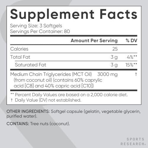 Sports Research® Coconut MCT Öl 3000mg – Keto Gehirn & Körper Energie – C8 + C10 MCT Öl aus Kokosnuss – Keto – Nicht-GVO – Glutenfrei – 240 Weichkapseln