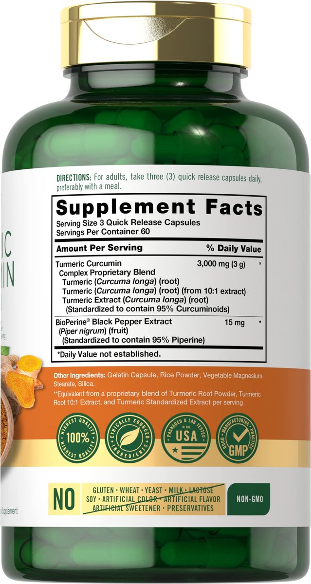 Carlyle Curcumin & Kurkuma Kapseln mit Schwarzem Pfeffer & Bioperin – 180 Kapseln, Non-GMO, Glutenfrei