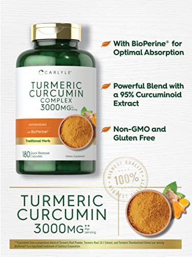 Carlyle Curcumin & Kurkuma Kapseln mit Schwarzem Pfeffer & Bioperin – 180 Kapseln, Non-GMO, Glutenfrei