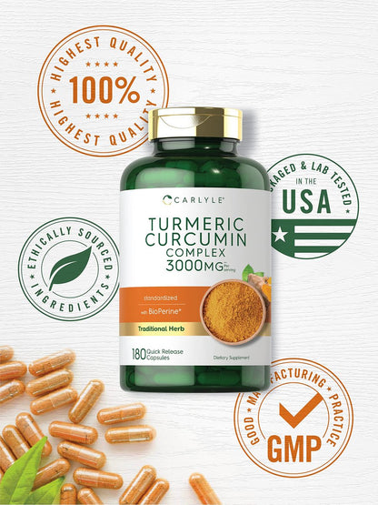 Carlyle Curcumin & Kurkuma Kapseln mit Schwarzem Pfeffer & Bioperin – 180 Kapseln, Non-GMO, Glutenfrei
