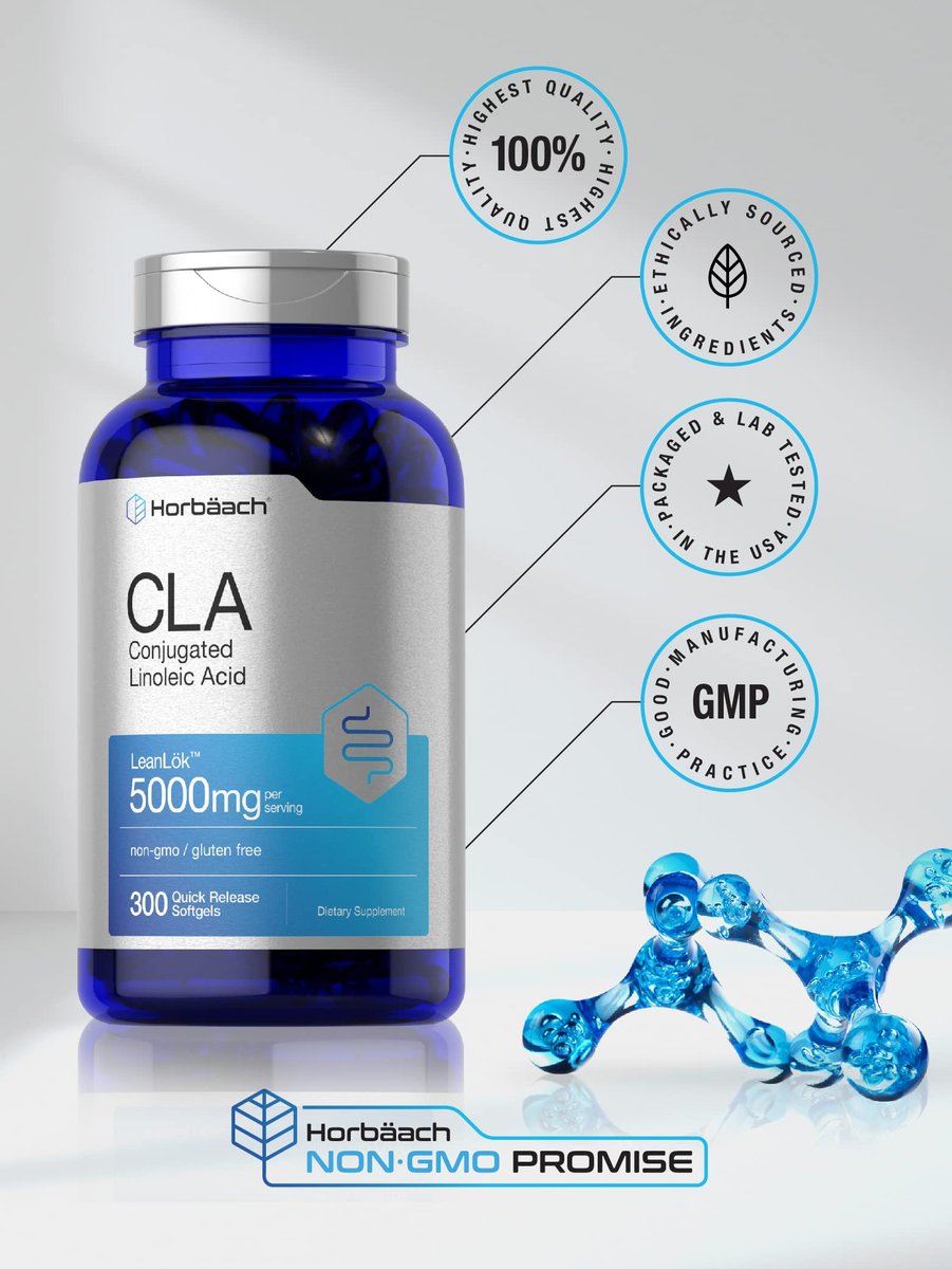 Horbäach CLA Supplement | 300 Weichkapseln | Höchste Potenz | Konjugierte Linolsäure aus Distelöl | Non-GMO, Glutenfrei