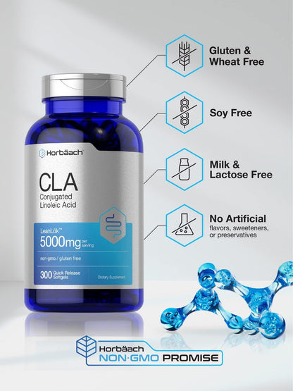 Horbäach CLA Supplement | 300 Weichkapseln | Höchste Potenz | Konjugierte Linolsäure aus Distelöl | Non-GMO, Glutenfrei