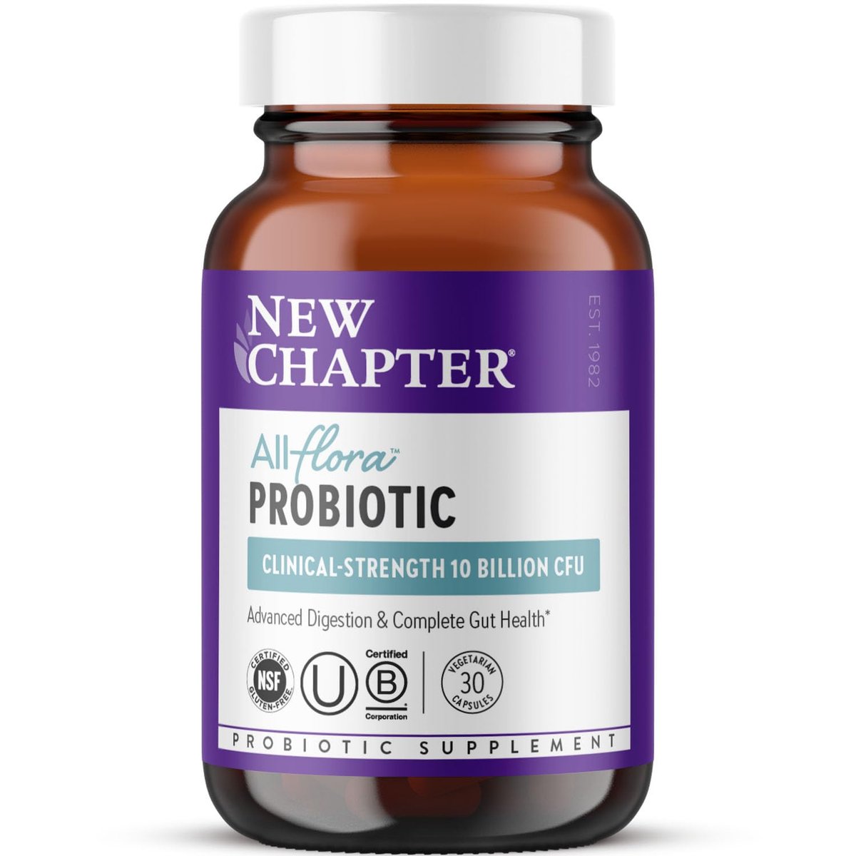 New Chapter All-Flora Probiotikum für fortgeschrittene Verdauung & vollständige Darmgesundheit mit Präbiotika + Postbiotika, klinisch starke Stämme, 100% vegetarisch, nicht-GVO, haltbar ohne Kühlung - 30 Kapseln (1 Monatsvorrat)