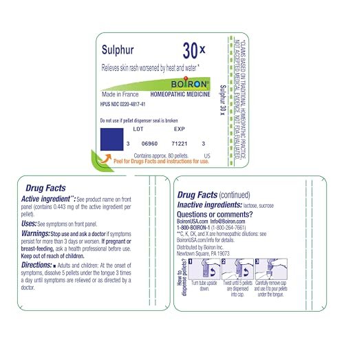 Boiron Sulphur 30X – Homöopathisches Einzelmittel bei Hautausschlag, verschlimmert durch Wärme und Wasser – 80 Kügelchen