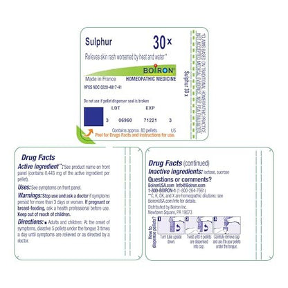 Boiron Sulphur 30X – Homöopathisches Einzelmittel bei Hautausschlag, verschlimmert durch Wärme und Wasser – 80 Kügelchen