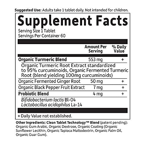 Garden of Life Organics Extra Stärke Kurkuma Entzündungsreaktion 60 Tabletten - 100 mg Curcumin (95% Curcuminoide) mit schwarzem Pfeffer, Probiotika, Bio-vegan, glutenfrei, pflanzliches Nahrungsergänzungsmittel