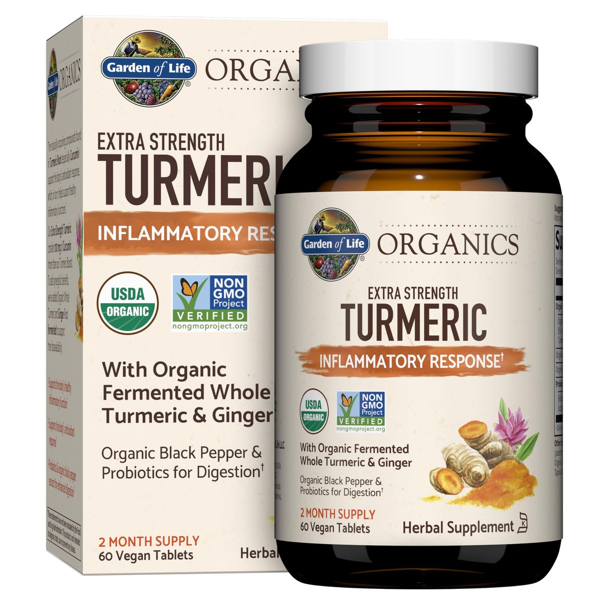 Garden of Life Organics Extra Stärke Kurkuma Entzündungsreaktion 60 Tabletten - 100 mg Curcumin (95% Curcuminoide) mit schwarzem Pfeffer, Probiotika, Bio-vegan, glutenfrei, pflanzliches Nahrungsergänzungsmittel