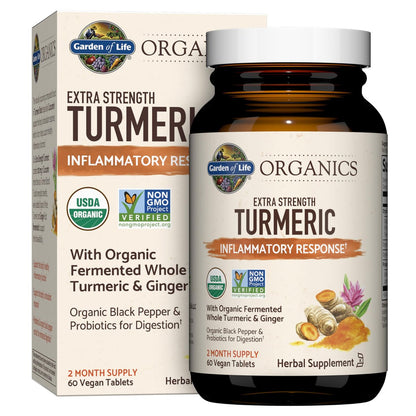Garden of Life Organics Extra Stärke Kurkuma Entzündungsreaktion 60 Tabletten - 100 mg Curcumin (95% Curcuminoide) mit schwarzem Pfeffer, Probiotika, Bio-vegan, glutenfrei, pflanzliches Nahrungsergänzungsmittel