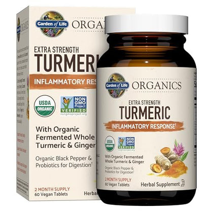 Garden of Life Organics Extra Stärke Kurkuma Entzündungsreaktion 60 Tabletten - 100 mg Curcumin (95% Curcuminoide) mit schwarzem Pfeffer, Probiotika, Bio-vegan, glutenfrei, pflanzliches Nahrungsergänzungsmittel