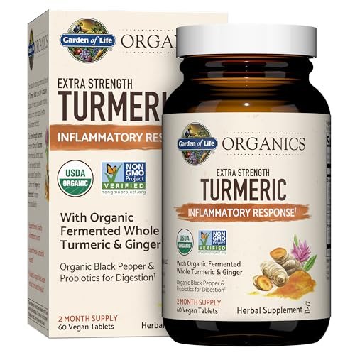 Garden of Life Organics Extra Stärke Kurkuma Entzündungsreaktion 60 Tabletten - 100 mg Curcumin (95% Curcuminoide) mit schwarzem Pfeffer, Probiotika, Bio-vegan, glutenfrei, pflanzliches Nahrungsergänzungsmittel