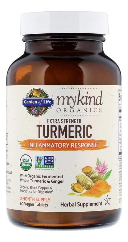 Garden of Life Organics Extra Stärke Kurkuma Entzündungsreaktion 60 Tabletten - 100 mg Curcumin (95% Curcuminoide) mit schwarzem Pfeffer, Probiotika, Bio-vegan, glutenfrei, pflanzliches Nahrungsergänzungsmittel