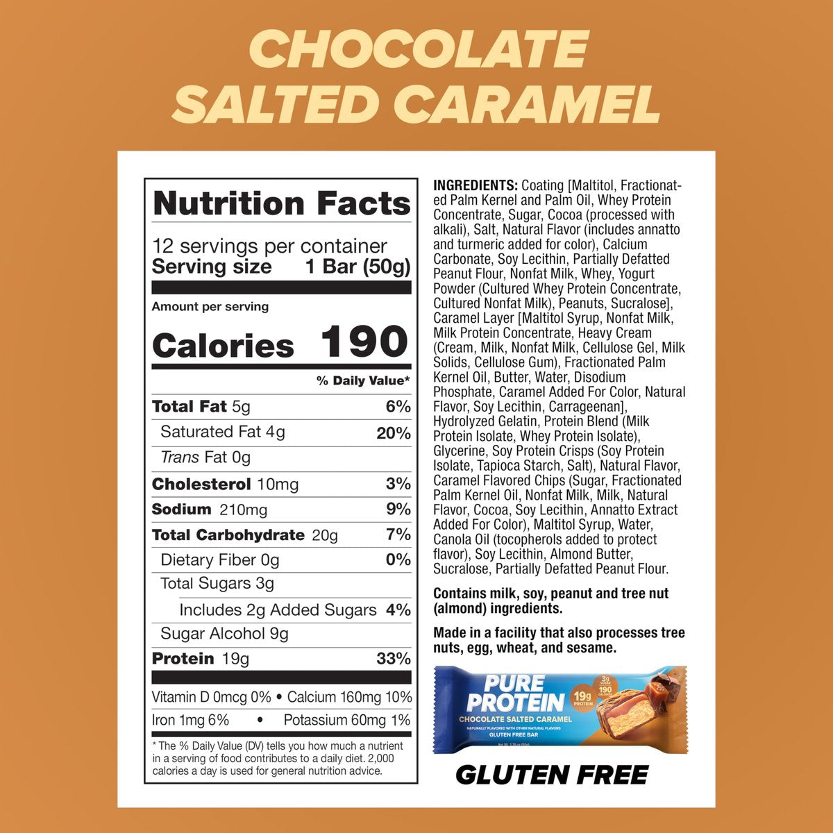 Pure Protein Chocolate Salted Caramel Proteinriegel – 20g Protein, 3g Zucker, 190 Kalorien (12er Pack) – Zuckerarmer*, proteinreicher Snack – Glutenfrei – Perfekt für einen gesunden Snack
