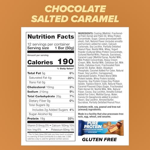 Pure Protein Chocolate Salted Caramel Proteinriegel – 20g Protein, 3g Zucker, 190 Kalorien (12er Pack) – Zuckerarmer*, proteinreicher Snack – Glutenfrei – Perfekt für einen gesunden Snack