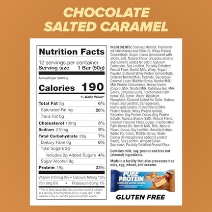 Pure Protein Chocolate Salted Caramel Proteinriegel – 20g Protein, 3g Zucker, 190 Kalorien (12er Pack) – Zuckerarmer*, proteinreicher Snack – Glutenfrei – Perfekt für einen gesunden Snack