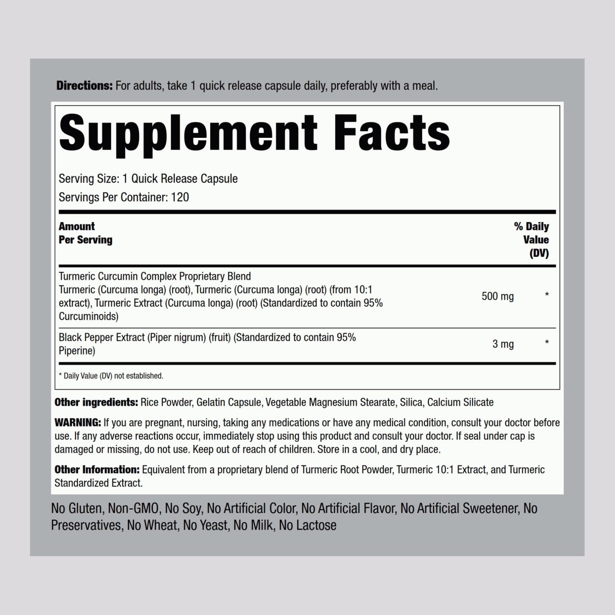 Piping Rock Kurkuma Curcumin mit Schwarzem Pfeffer | 120 Kapseln | Standardisiertes Kräuterergänzungsmittel | Non-GMO, Glutenfrei
