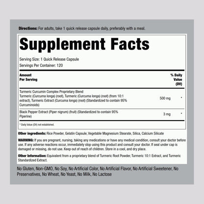 Piping Rock Kurkuma Curcumin mit Schwarzem Pfeffer | 120 Kapseln | Standardisiertes Kräuterergänzungsmittel | Non-GMO, Glutenfrei