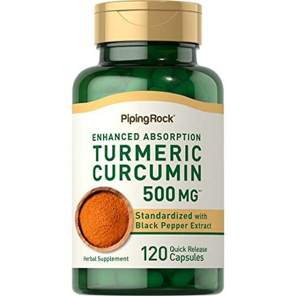 Piping Rock Kurkuma Curcumin mit Schwarzem Pfeffer | 120 Kapseln | Standardisiertes Kräuterergänzungsmittel | Non-GMO, Glutenfrei