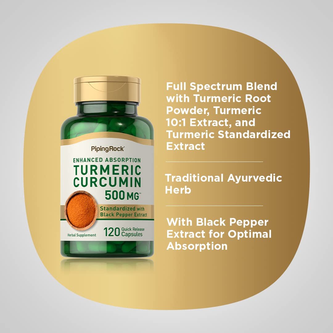 Piping Rock Kurkuma Curcumin mit Schwarzem Pfeffer | 120 Kapseln | Standardisiertes Kräuterergänzungsmittel | Non-GMO, Glutenfrei