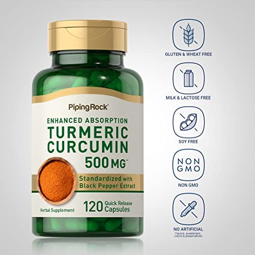 Piping Rock Kurkuma Curcumin mit Schwarzem Pfeffer | 120 Kapseln | Standardisiertes Kräuterergänzungsmittel | Non-GMO, Glutenfrei