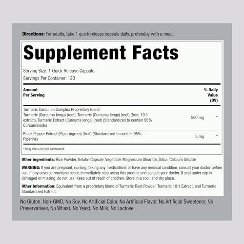 Piping Rock Kurkuma Curcumin mit Schwarzem Pfeffer | 120 Kapseln | Standardisiertes Kräuterergänzungsmittel | Non-GMO, Glutenfrei