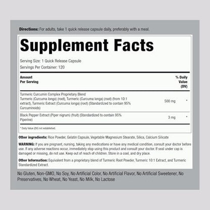 Piping Rock Kurkuma Curcumin mit Schwarzem Pfeffer | 120 Kapseln | Standardisiertes Kräuterergänzungsmittel | Non-GMO, Glutenfrei
