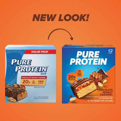 Pure Protein Schokolade Erdnuss Karamell Proteinriegel – 20g Protein, 3g Zucker, 190 Kalorien (12er Pack) Zuckerarm* High-Protein Snack – Glutenfrei – Perfekt für einen gesunden Snack