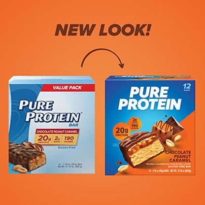 Pure Protein Schokolade Erdnuss Karamell Proteinriegel – 20g Protein, 3g Zucker, 190 Kalorien (12er Pack) Zuckerarm* High-Protein Snack – Glutenfrei – Perfekt für einen gesunden Snack